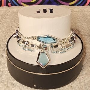 Statement Silver-Tone Necklace with Aqua Blue Gem Accents